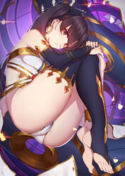 anklet armlet ass asymmetrical_legwear asymmetrical_sleeves bangs bare_shoulders barefoot black_hair black_ribbon blush breasts bridal_gauntlets crown detached_collar earrings elbow_gloves eyebrows_visible_through_hair fate/grand_order fate_(series) feet female_only fetal_position full_body gloves hair_between_eyes hair_ornament hair_ribbon high_resolution hoop_earrings ishtar_(fate) jewelry langya_beike leg_grab legs legs_up long_legs looking_at_viewer medium_breasts neck_ring open_mouth parted_bangs red_eyes ribbon shiny short_hair single_elbow_glove single_thighhigh solo thick_thighs thighhighs tiara toeless_legwear two_side_up