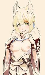 animal_ears armband breasts brown_hair female fire_emblem fire_emblem_fates golden_hair japanese magical_ondine multicolored_hair nintendo nipples open_clothes presenting selkie selkie_(fire_emblem) solo yellow_eyes