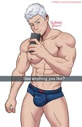 1boy blue_underwear bulge devil_may_cry devil_may_cry_5 male male_only nero_(devil_may_cry) selfie solo underwear wererdraws white_background