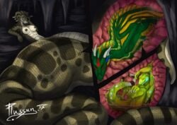 ambiguous_gender anthro basilisk_(lizard) belinda blue_eyes breasts bulge cave claws dolus dragon female female_pred feral frill gorgon green_body group happy hi_res horn inside internal larger_female lizard lying male male_prey membranous_wings naga nipples non-mammal_breasts nude on_back plumed_basilisk plussun reptile scalie serpentine sharp_claws size_difference smile snake snake_hair story story_in_description toe_claws vinnig vore western_dragon wings