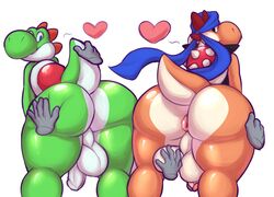 2boys ambiguous_gender anthro anus ass ball_grab balls bent_over big_ass big_balls big_butt big_nose black_eyes blue_eyes bubble_ass bubble_butt butt dat_ass disembodied_hand erection fan_character femboy girly green_yoshi hand_on_butt hand_on_leg heart hi_res holding_balls huge_ass humanoid_penis looking_back male male_only mario_(series) nintendo nude orange_yoshi penis presenting presenting_anus presenting_hindquarters puffy_anus simple_background smile spikes standing testicles thick_ass thick_thighs uncut video_games white_background wide_hips wizzikt yoshi