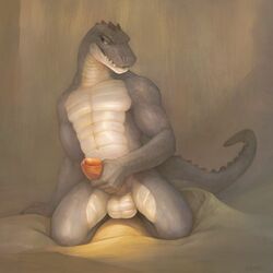 anthro balls crocodilian half-closed_eyes humanoid_penis klongi kneeling lizard male male_only masturbation nude penis precum red_eyes reptile scales scalie sharp_teeth smile solo teeth