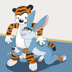 2019 3_toes 4_fingers anthro anthro_on_anthro argon_vile ball_fondling balls blue_fur boner buckteeth bunnymund calvin_and_hobbes duo erection eye_contact felid fondling front_view fur green_eyes handjob hi_res hobbes humanoid_penis inside kneeling lagomorph leporid looking_at_another male male_only mammal motion_lines nude open_mouth orange_fur pantherine penis rabbit rise_of_the_guardians sex signature sound_effects standing tagme teeth tiger toes uncut yaoi