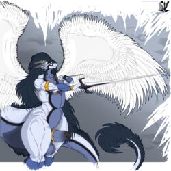 2019 4_fingers absurd_res anthro ass balls big_balls big_butt big_penis black_penis black_skin blue_feathers blue_penis blue_skin circumcised claws clerian clerian_(clerian) clothing dragon erection feathered_wings feathers girly hair hi_res horn huge_tail humanoid_penis jewelry long_hair male markings melee_weapon nude penis piercing pinup portrait pose raised_tail scales scalie seductive solo standing sword thick_penis thick_tail thick_thighs three-quarter_portrait weapon white_skin wide_hips wings yellow_eyes