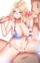 1girls 3boys american_flag american_flag_bikini bikini blonde_hair blue_eyes blush breasts collarbone cowgirl_position double_handjob eyebrows_visible_through_hair fat_man female flag_print girls_und_panzer groin handjob highres kay_(girls_und_panzer) kuuki_(rakam) large_breasts looking_at_penis mmmf_foursome monochrome_background multiple_boys navel parted_lips sex shiny shiny_hair side-tie_bikini simple_background smile spread_legs straddling swimsuit swimwear vaginal_penetration white_background