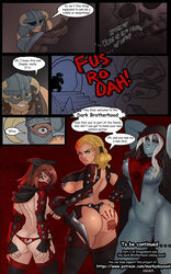 1boy 3girls armor assassin astrid_(skyrim) babette_(skyrim) blonde_hair blue_eyes bottomless breasts brown_hair clothing comic dagger dark_brotherhood dark_elf dovahkiin english_text female fingerless_gloves freckles gabriella_(skyrim) garter_straps gloves grey_skin hair_bow hand_on_hip hand_print handprint hands_behind_head hands_on_ass headband headgear heart_cutout helmet hood huge_ass huge_breasts humanoid male markydaysaid mask nipples panties pussy skyrim stockings string_panties text the_elder_scrolls thong unconvincing_armor underboob vampire weapon white_hair