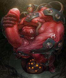 1boy balls big_penis erection gigas_(tekken) machine male male_only masturbation monster muscular nipple_play penis precum red_skin robot rokudenashi solo tekken tentacle video_games yellow_eyes