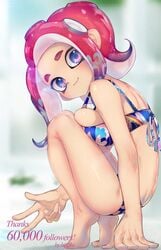 1girls agent_8_(splatoon) artist_name barefoot big_breasts bikini blue_eyes blurry blurry_background breast_press breast_squish breasts cleavage cute english_text female from_side highres hizake kashu_(hizake) large_breasts looking_at_viewer milestone_celebration nintendo octoling red_hair smile solo splatoon splatoon_2 swimsuit tentacle_hair thank_you tiptoes v watermark