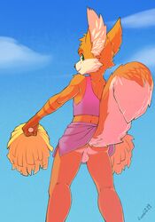 2019 absurd_res anthro anus ass balls blue_eyes cheerleader clothed clothing crombie crossdressing fur furry furry_only girly hi_res looking_at_viewer looking_back male male_only mammal no_underwear orange_fur partially_clothed penis perineum red_squirrel_(disambiguation) rodent sciurid signature smile solo standing tail teasing