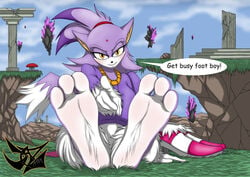 3_toes 5_fingers angel_island anthro blaze_the_cat bouncy_spring cat_ears dazidentevil feet feline foot_focus gloves grin heels orange_eyes pointing pointing_at_viewer purple_fur purple_shirt shoes_removed sky smirk sonic_(series) sonic_rush speech_bubble spring watermark white_fur white_pants