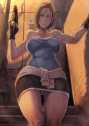 1girls blue_eyes brown_hair butcha-u curvy female female_only firearm gun handgun handwear huge_breasts jill_valentine jill_valentine_(julia_voth) light-skinned_female pistol resident_evil resident_evil_3 resident_evil_remake seductive skirt solo thick_thighs tube_top tubetop weapon