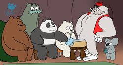 2019 absurd_res anthro belly brown_fur bunnybara cartoon_network charlie_(wbb) fur giant_panda green_fur grizzly_(wbb) group hat hi_res humanoid_hands humanoid_penis ice_bear koala male mammal marsupial nom_nom_(wbb) panda_(wbb) penis phone polar_bear ralph_(wbb) sitting slightly_chubby ursid ursine vombatiform we_bare_bears white_fur yaoi