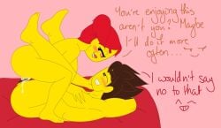 1boy 1girls amazon_position biting_lip blush brown_hair canon_couple dominant duchess_pixal english_text female kai_(ninjago) lego male ninjago red_hair sex skylor_(ninjago) text tournament_of_elements_(ninjago) yellow_skin