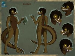 absurd_res anthro ass bandage bandage_on_nose brown_hair brown_scales charlie charlie_(frick-frack) claws crocodilian digitigrade female flat_chested green_scales hair hat hi_res lizard model_sheet nude pussy reptile scales scalie sharp_teeth short_hair smile solo teeth toe_claws tomboy tongue tongue_out vailelir yellow_eyes