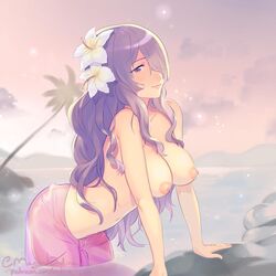 1:1_aspect_ratio artist_name breasts camilla_(fire_emblem) camilla_(summer)_(fire_emblem) female fire_emblem fire_emblem_fates fire_emblem_heroes flower hair_flower hair_ornament leaning_forward magical_ondine nintendo nipples public_topless purple_hair purple_sarong sarong see-through solo topless