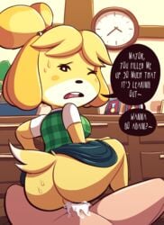 1boy 1girls animal_crossing animal_ears anthro ass bell black_eyes blonde_hair blue_skirt blush_stickers bonsai breasts buck_teeth clock clothed_female_nude_male cowgirl_position cum cum_in_pussy desk dog_ears dog_girl dog_tail english_text erection female from_behind furry green_vest hair_bell hair_ornament hair_tie half-closed_eye highres human indoors interspecies isabelle_(animal_crossing) jingle_bell looking_at_viewer looking_back male_pov medium_breasts miniskirt nintendo no_panties nude one_eye_closed open_mouth penis plaid plaid_vest pov sex shirt short_hair short_sleeves sitting sitting_on_person skirt skirt_up speech_bubble spread_legs steecks straight sweat tail talking testicles text text_focus thick_thighs tied_hair topknot uncensored veins veiny_penis vest villager_(animal_crossing) white_shirt wide_hips