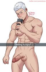 1boy abs balls big_penis cowboy_shot cum devil_may_cry devil_may_cry_5 instagram male male_only muscles muscular_male nero_(devil_may_cry) nude penis selfie smartphone solo veiny_penis wererdraws white_background white_hair yaoi