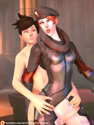 3d ahe_gao anal anal_insertion anal_sex armor blackwatch_moira blue_eyes brown_eyes brown_hair futa_on_futa futa_only futanari intersex moira netfuta nude overwatch red_eyes red_hair smile tracer