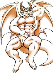 abs animal_genitalia anthro cloaca dragon hand_behind_head horn iriai_inasa lying male male_only muscular muscular_male nude on_back ophion pecs simple_background slit tokyo_afterschool_summoners tongue video_games white_background