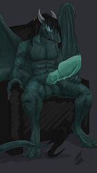 absurd_res anthro barbed_penis chair dragon dsw7 glowing glowing_eyes hi_res horn male male_only markings medial_ring muscular muscular_male penis piercing solo teioh throne wings