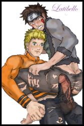 2boys anal ass bara blonde_hair blonde_hair_on_brown_hair blonde_hair_top blue_eyes boner brown_hair brown_hair_bottom domination erection facial_markings gay inuzuka_kiba latibello light_hair_on_dark_hair male male_only multiple_boys muscular naruto simple_background torn_clothes uzumaki_naruto yaoi