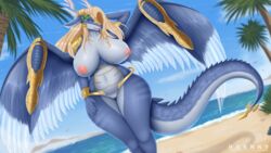 1girls 2019 anthro areolae arm_up avian beach belly big_breasts big_tail blonde_hair blue_eyes blue_skin blush braid breasts claws day dragon eye_contact feathered_dragon feathered_wings feathers female female_only hair hair_over_one_eye half-closed_eyes hand_behind_head harnny horn horns huge_ass huge_breasts konami long_ears long_hair looking_at_viewer navel nipples nude original_character outdoors palm_tree pussy saffira_queen_of_dragons sand scalie sky smile solo standing tail text thick_thighs url water watermark wings yellow_skin yu-gi-oh!