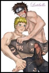 2boys anal ass bara blonde_hair blue_eyes boner brown_hair erection facial_markings inuzuka_kiba latibello male male_only multiple_boys naruto topless torn_clothes uzumaki_naruto yaoi