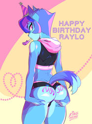 androgynous anthro ass_grab birthday blue_fur cat_ears cat_tail catboy color english_text enjoipandas feline femboy furry furry_ears furry_only furry_tail girly grabbing_ass gym_shirt gym_shorts original purple_eyes raylo round_ass short_hair solo text trap