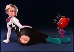 animal anus ass ass_cutout ass_focus back_view blonde_hair blue_eyes blush bodysuit clothing costume disney edit eyebrow_piercing female freckles gwen_stacy gwen_stacy_(spider-verse) huge_ass human large_ass laying_down lips looking_at_another looking_at_viewer male marvel marvel_comics on_side peter_porker piercing pig ripped_clothing saliva saliva_puddle shadman short_hair skin_tight spider-gwen spider-ham spider-man:_into_the_spider-verse spider-man_(series) thick_thighs tomboy undercut