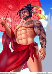 abs arm_tattoo blizzard_entertainment hanzo human juhanart male male_only muscles muscular_male overwatch solo tattoo topless