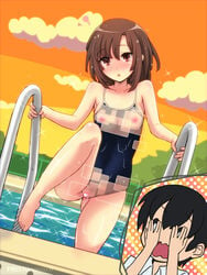 1boy :o bangs black_hair breasts brown_eyes brown_hair censored cloud cloudy_sky collarbone covering_eyes dutch_angle eyebrows_visible_through_hair eyes_visible_through_hair female gluteal_fold hair_between_eyes heart heart_censor inset kilt_hide kitanaga looking_at_viewer natsukimonou navel nipples one-piece_swimsuit orange_hair outdoors polka_dot pool pussy shiny shiny_skin short_hair sky small_breasts sunset swimsuit tanaka_(ueno-san_wa_bukiyou) ueno-san_wa_bukiyou water watermark