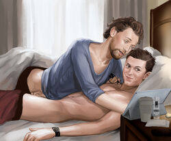 2boys aivelin beard bed bedroom celebrity facial_hair gay loki_(marvel) male male_only marvel mustache pants_down penises_touching realistic spider-man spider-man_(tom_holland) tom_hiddleston tom_holland topless wristwatch yaoi