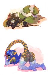 2boys anthro black_and_orange_fur blue_eyes blue_hair brown_fur brown_hair cheongsam china_dress cum_in_ass enjoipandas green_eyes male_focus male_only open_mouth penis qipao raccoon raccoon_ears raccoon_tail simple_background tiger tiger_ears tiger_tail top-down_bottom-up