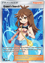 1girls areola background bag belly bikini blue_background bra breasts brown_eyes brown_hair card card_(medium) clothes clothing denim eyelashes female female_only green_(pokemon) holding human human_only long_hair looking_at_viewer navel nintendo nipples one_breast_out pale_skin patreon poke_ball pokemon pokemon_card pokemon_lgpe pokemon_rgby pokemon_tcg red_bikini reit shirt shirt_lift shorts smile smiling solo standing sweatband text trading_card trainer_card underboob undressing url watermark