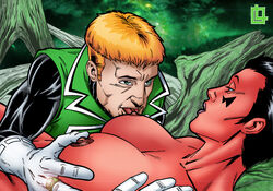 1boy 1girls alien alien_girl big_breasts big_nipples black_hair blue_eyes breast_grab breast_hold breast_squeeze breast_sucking breasts breasts_out dc dc_comics female gloves green_background green_lantern green_lantern_(series) green_lantern_corps guy_gardner interspecies leandro_comics licking licking_breast looking_at_another looking_at_partner lying lying_down lying_on_back male nipple_suck nipples oral orange_hair red_skin ring short_hair soranik_natu straight sucking superheroine uncensored white_gloves