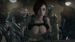 3d 4monsters before_sex blue_eyes breasts brown_hair female gloves half-dressed highres holster huge_cock jill_valentine jill_valentine_(julia_voth) light-skinned_female monster multiple_males nipples resident_evil resident_evil_6 resident_evil_remake short_hair teddsfm