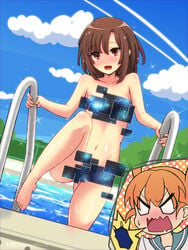 2girls angry blue_sky breasts brown_eyes brown_hair censored cloud cloudy_sky collarbone day dutch_angle eyebrows_visible_through_hair eyes_visible_through_hair gluteal_fold kilt_hide kitanaga looking_at_viewer multiple_girls natsukimonou navel nipple_censor no_pupils nude one-piece_swimsuit orange_hair outdoors polka_dot pool shiny shiny_skin sky small_breasts speech_bubble swimsuit tagme ueno-san_wa_bukiyou ueno_(ueno-san_wa_bukiyou) water