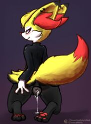 1girls 3_toes after_sex alternate_color anatomically_correct anatomically_correct_pussy animal_genitalia animal_pussy anthro anthrofied black_fur blush bottomless braixen canine canine_pussy clothing coffeefly cum cum_in_pussy cum_inside earrings feet female female_only fox furry jacket kneeling leaking leather leather_jacket looking_at_viewer looking_back nintendo original_character pawpads paws piercing pokémon_(species) pokemon pokemon_(species) pokemon_xy purple_background purple_eyes pussy pussy_juice red_fur shirt simple_background smile solo spreading straight tail te text url video_games watermark wet white_fur yellow_fur