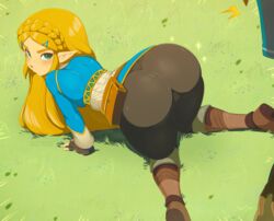 1girls all_fours ass ass_focus being_watched bent_over big_ass blonde_hair blush boots braid breasts breath_of_the_wild cameltoe clothed clothes clothing dat_ass day female female_focus fingerless_gloves gloves gold_hair grass green_eyes hair_clips hair_ornament huge_ass humanoid hylian light_skin link link_(breath_of_the_wild) looking_at_viewer looking_back male merunyaa nintendo outdoors pale_skin pants pointy_ears presenting princess_zelda skin_tight solo sweat sweatdrop the_legend_of_zelda thick_thighs tight_pants watermark wide_hips zelda_(breath_of_the_wild)