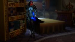 3d 3d_(artwork) archmage_modera armor blue_skin dalaran dildo female holding_object moonlight night red_eyes source_filmmaker sylvanas_windrunner walking world_of_warcraft zentaeron