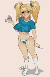 1girls 2019 artist_name big_breasts blonde_hair blue_crop_top blue_eyes blue_panties blush breasts cake cake_on_a_plate clothing crop_top female female_only hair holding_plate lipstick long_hair midriff navel no_bra panties priscylla_(cutepet) shirt solo solo_female striped_panties twintails underboob xinaelle