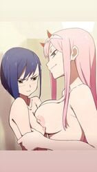 2girls against_wall angry aqua_eyes arm_grab artist_request asymmetrical_docking big_breasts blue_hair blush breast_comparison breast_envy breast_press breast_size_difference breasts_on_chest catfight closed_mouth completely_nude completely_nude_female darling_in_the_franxx duo eye_contact female female_only from_side green_eyes half-closed_eyes horns ichigo_(darling_in_the_franxx) large_breasts long_hair looking_at_another naughty_face neck nipples nude nude_female pink_hair red_horns sexfight shadow short_hair side_view sideboob small_breasts smile straight_hair titfight upper_body yuri zero_two_(darling_in_the_franxx)