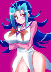 1girls big_breasts blue_hair blush confident cute female female_only huge_breasts kamishiro_rio konami long_hair looking_away perepere-kun red_eyes rio_kamishiro smile solo thick_thighs thighhighs two_tone_hair voluptuous yu-gi-oh! yu-gi-oh!_zexal