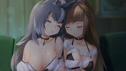 2girls animal_ears bare_shoulders blush breasts brown_hair choker cleavage closed_eyes collarbone couch couple duo female female_only fox_ears fuyu grey_hair highres indoors large_breasts marari multiple_females multiple_girls mutual_yuri neck necklace off_shoulder side-by-side sitting sleeping smile torn_clothes upper_body wolf_ears yuri