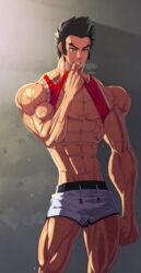 1boy abs biribeast_(artist) black_hair bulge male male_only muscles muscular orange_eyes serious shirt_lift shorts solo solo_male sportswear standing sweat sweatdrop tank_top tank_top_lift