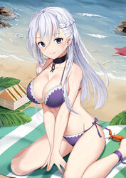 1girls alternate_costume ankle_ribbon azur_lane bangs bare_legs baseness beach beach_mat beach_towel belfast_(azur_lane) between_legs bikini bikini_tug blue_eyes blush braid breasts chain choker cleavage collar collarbone crab day eyebrows_visible_through_hair food groin hand_between_legs large_breasts long_hair looking_at_viewer maid_headdress ocean outdoors picnic_basket purple_bikini purple_eyes purple_ribbon ribbon sand sandwich seaside side-tie_bikini silver_hair sitting smile solo starfish stomach swimsuit very_long_hair wariza white_hair