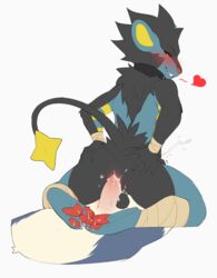 2019 2boys anthro anthrofied ass back black_fur blush cum cum_on_feet erection fur furry fuzzy gay half-closed_eyes heart hi_res humanoid_penis interspecies luxray male male_only mammal nintendo nude original_character pawpads paws penetration penis pokemon pokemon_(species) pokemon_dppt pokemon_gsc power_bottom red_sclera sex simple_background smile testicles tongue typhlosion veins veiny_penis video_games yaoi yellow_eyes zamzi