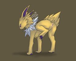 1girls 2019 4_toes all_fours anus ass blush brown_background canine chest_tuft dated eeveelution endermoonfur feet female female_only feral fur furry hi_res jolteon leg_up looking_at_viewer looking_back nintendo nude one_leg_up open_mouth pawpads paws pokémon_(species) pokemon pokemon_rgby presenting presenting_hindquarters purple_eyes purple_pawpads pussy raised_tail rear_view short_tail simple_background snout solo spread_legs spreading text toes tuft video_games watermark white_fur yellow_fur