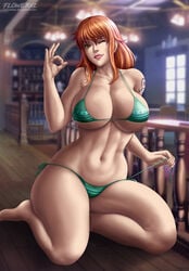 abs big_breasts bikini breasts cleavage female female_only flowerxl large_breasts long_hair looking_at_viewer nami nami_(one_piece) one_piece orange_hair post-timeskip sitting_on_soles solo striped_bikini