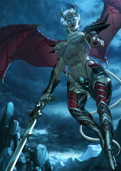 abs bat_wings blue_eyes breasts busty demon demon_girl demon_tail female grey_skin horns jentai large_breasts looking_at_viewer monster_girl muscles muscular_female navel pointy_ears short_hair solo sword tail thong toned weapon white_hair wings xong